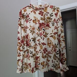 Floral Ruffle-Neck Long Sleeve Blouse - Cream/Multi